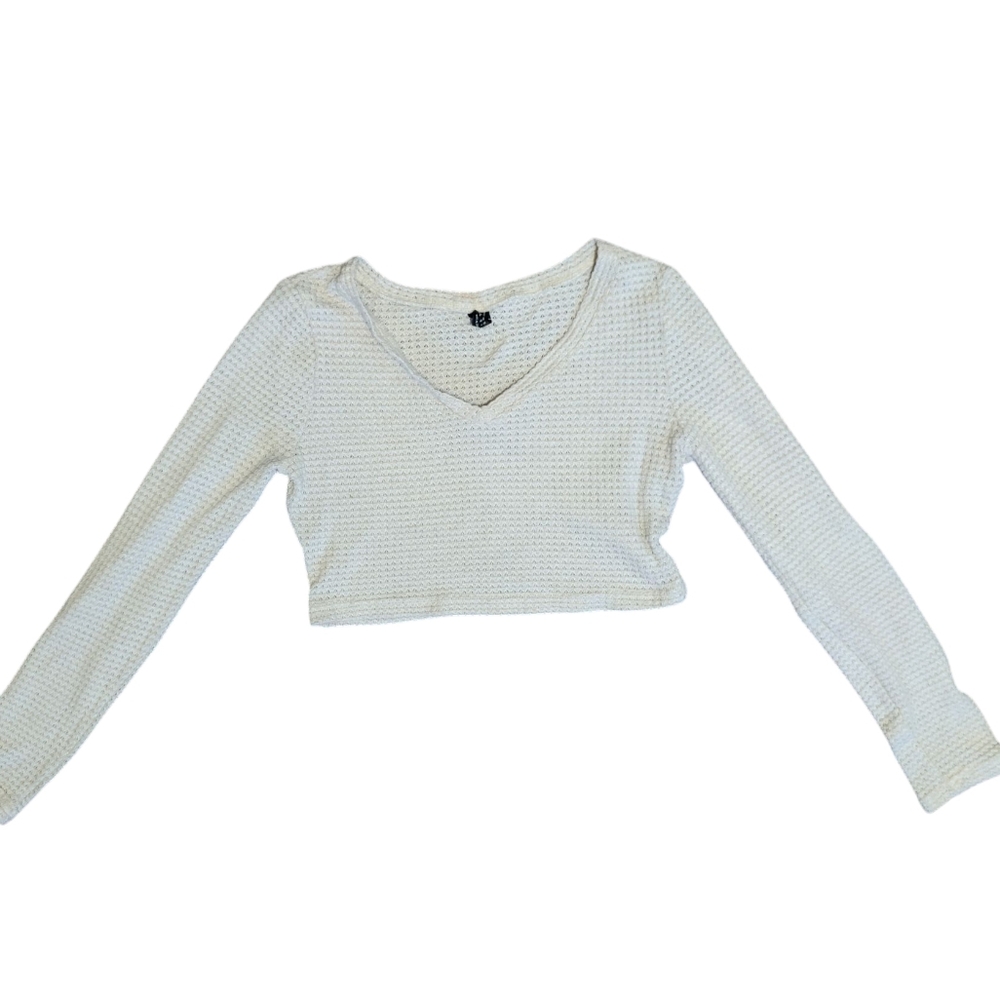 SHEIN Cream V-Neck Cropped Sweater